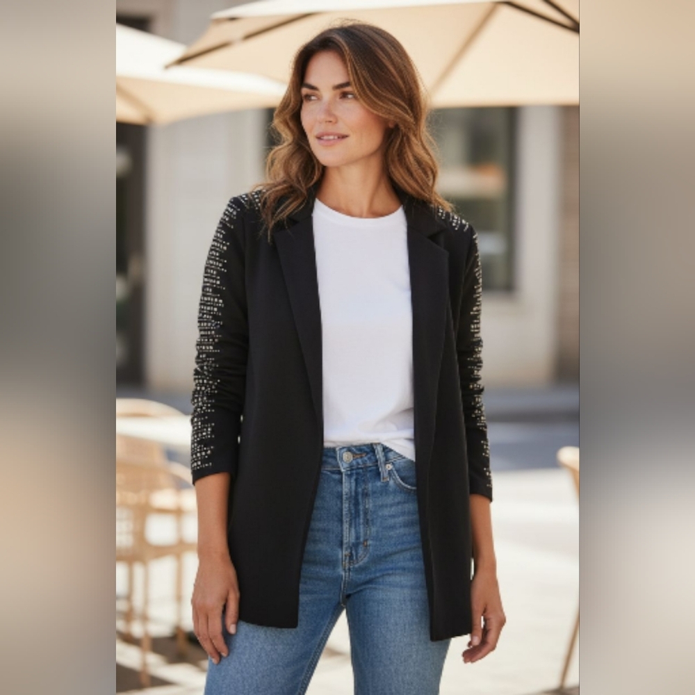 Sioni Elegant Black Knit Blazer with Rhinestone Size L
